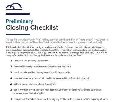 Preliminary Closing Checklist Teaser