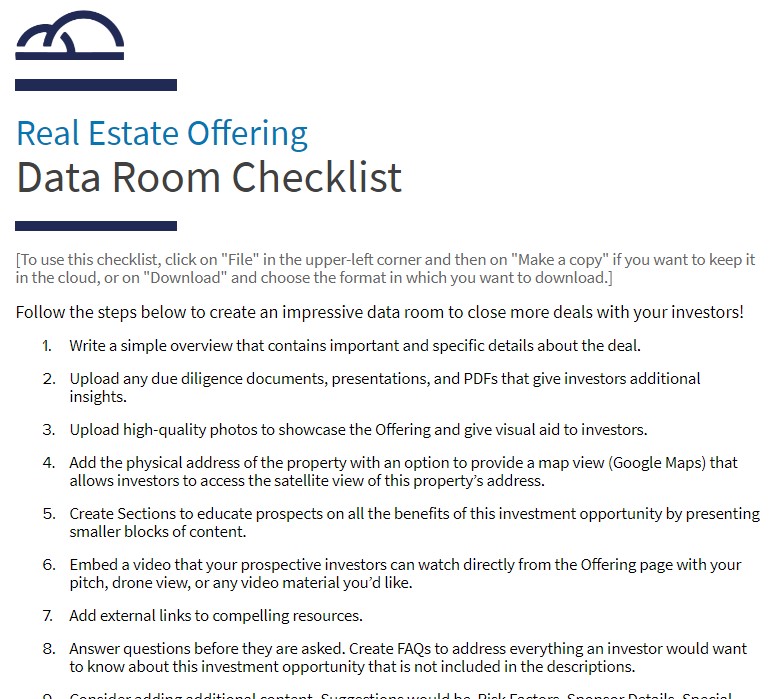 Real Estate Offering Data Room Checklist